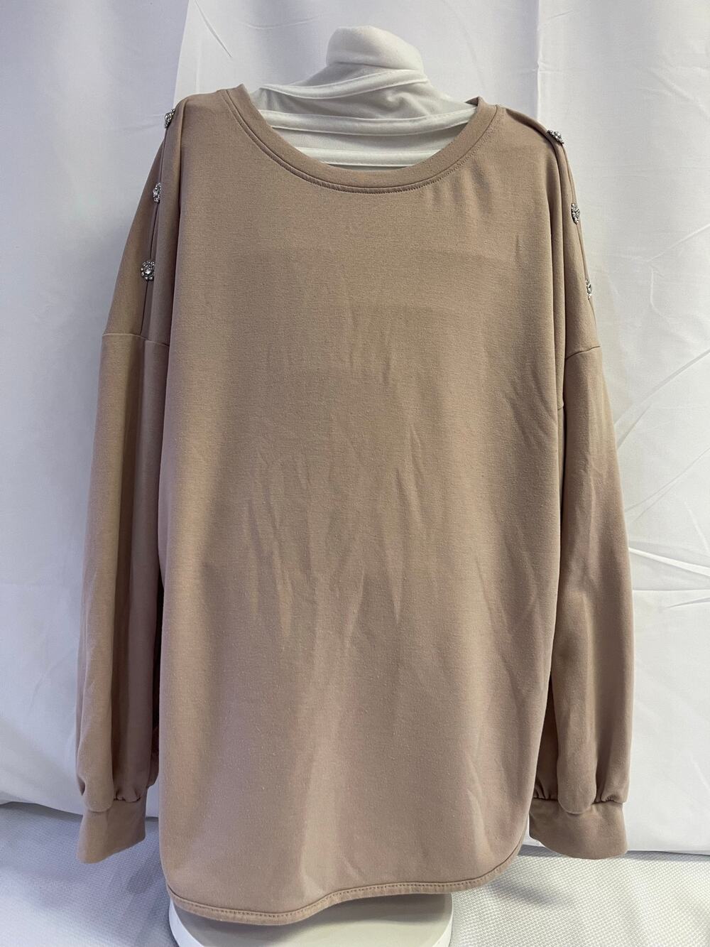 Cupio Taupe Embellished Rhinestone Sleeve Long Sleeve Top L